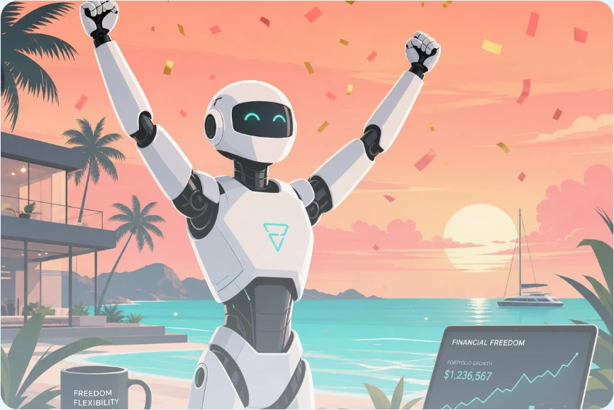 Illustration eines erfolgreichen Trading-Roboters am Meer
